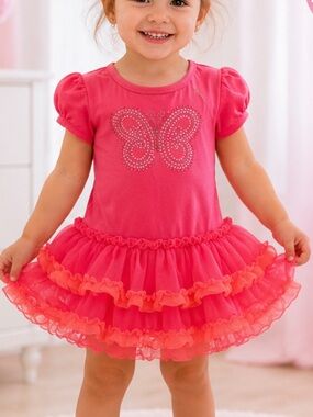 Beautees Pink Layered Tutu Dress with Butterfly Rhinestones 3T